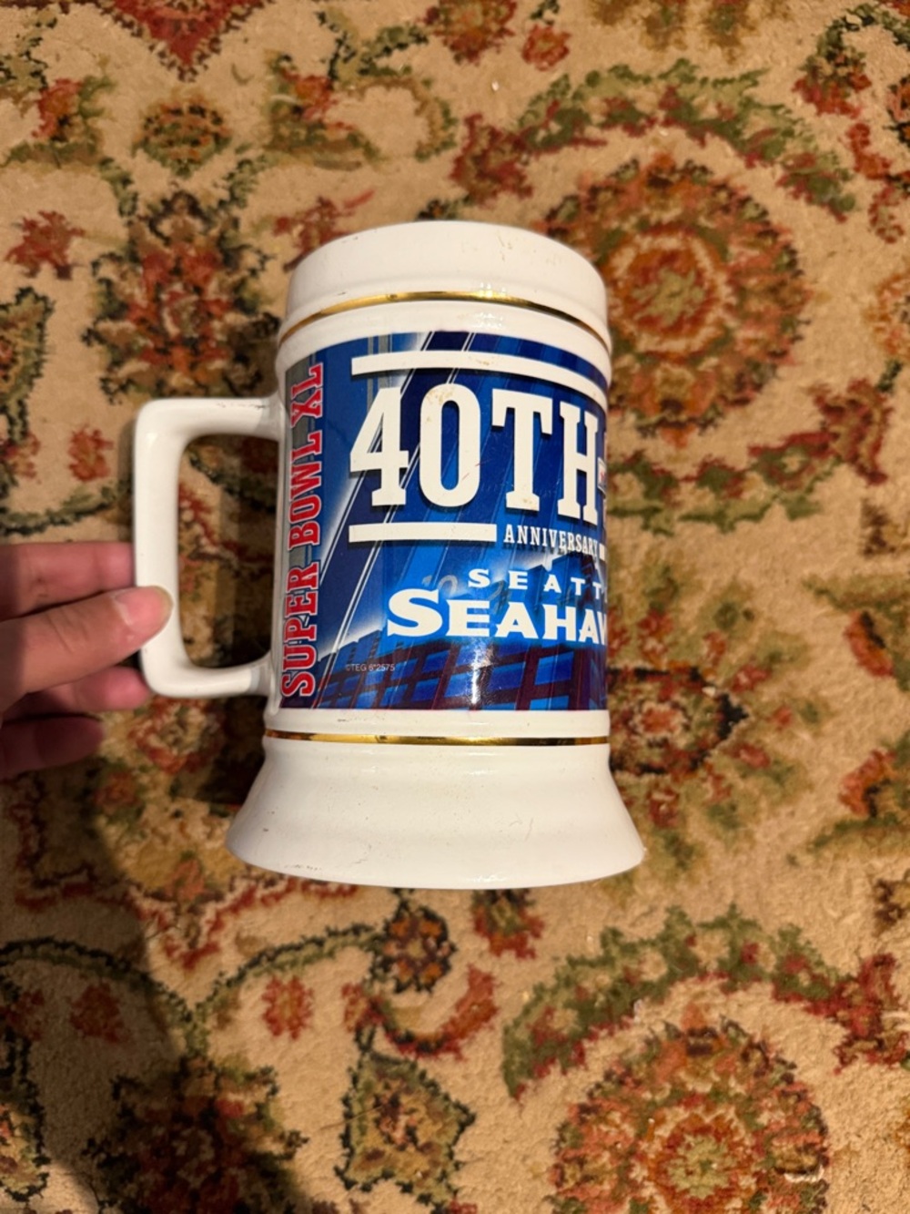 NFL Seattle Seahawks 40th Anniversary White and Blue Ceramic Stein